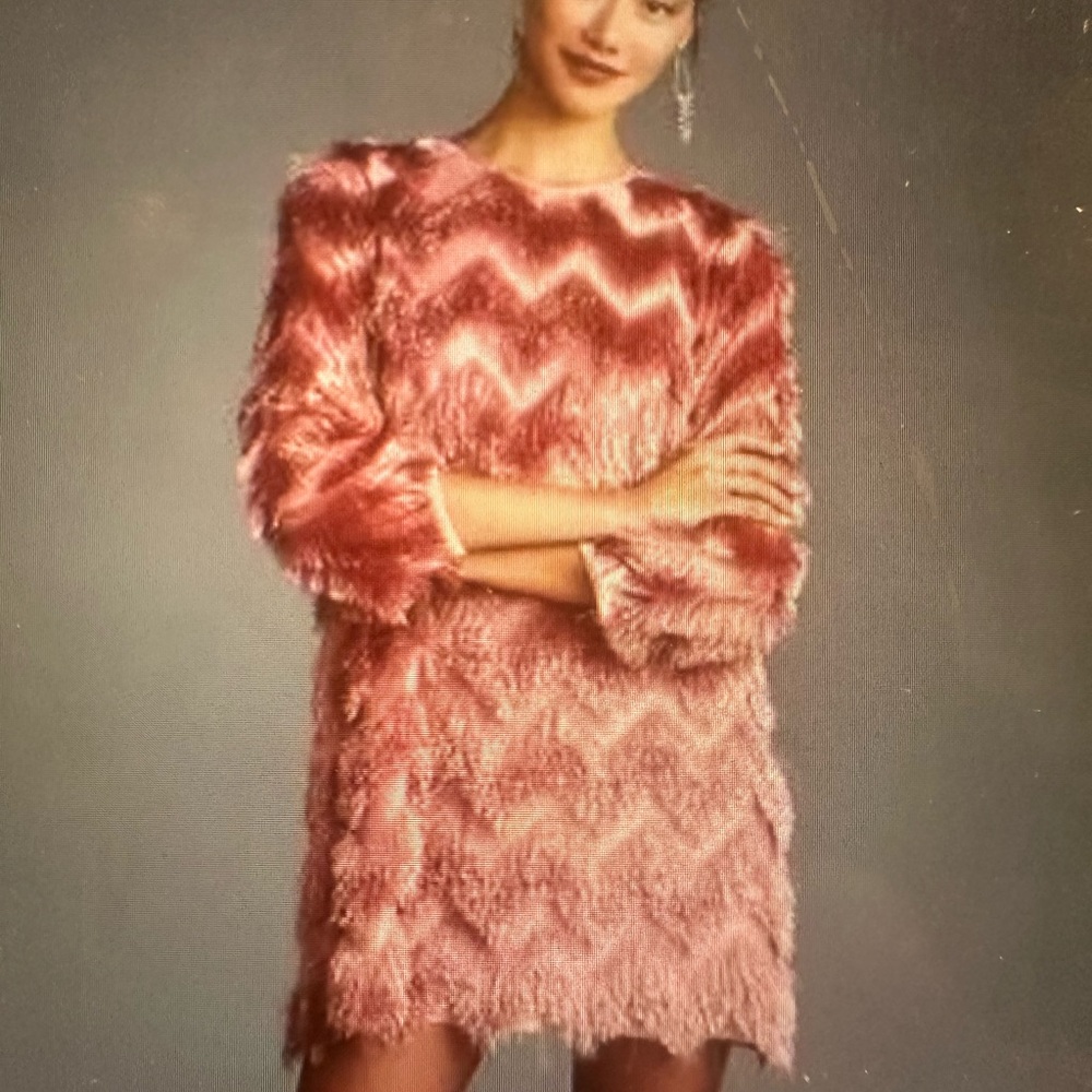 Anthropologie Hutch Fringed Chevron Mini Shirt Dress in Pink, size Small